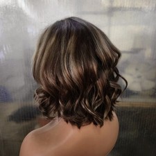 Highlight Brown Wavy Human Hair 13x4 Lace Front Wigs Short Bob Wigs