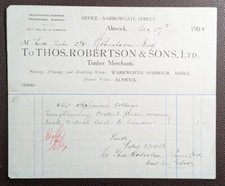 1905 Thos Robertson Timber Merchants Warkworth Alnwick Receipt