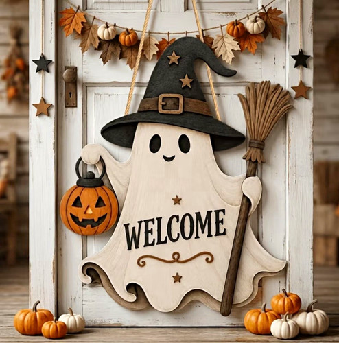 Hanging wooden halloween ghost - hanging,