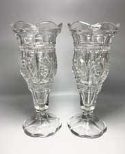 Vintage Heavy Pressed Glass Vases / Dessert Glasses Rare Clear Patterned Pair