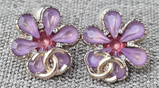 Authentic CHANEL Camellia Flower Stud Earrings Purple Crystal Gold-Tone CC Logo