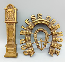 BRASS God Bless This Home Horseshoe Plaque & Grandfather Clock 5"-6"  TARNISHED
