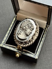 Vintage Hematite Glass Cameo Ring Adjustable Victorian Mourning Style Silver