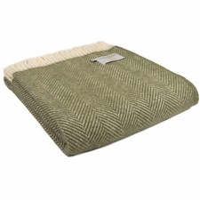 TWEEDMILL TEXTILES 100% Wool Sofa Bed Blanket FISHBONE OLIVE GREEN & CREAM THROW