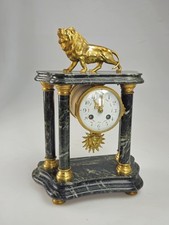  French Marble Lion Mounted Portoco Mantel Clock 