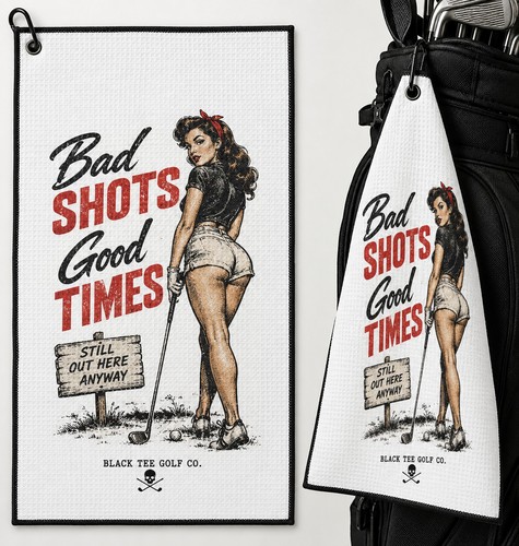 Black tee pinup golf towel - golf,