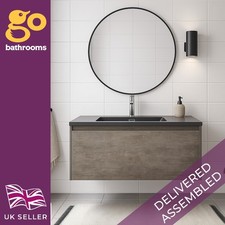 900 Brown Wall Hung Vanity Unit & Black Basin Wash Sink Drawer Bathroom Cabinet