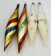 Set of 4 Vintage Glass Icicle Baubles 1950s Gold White Red Green Swirl DecorZ9EV