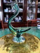 VINTAGE MURANO GLASS COCKEREL/SWAN? BOWL ,DISH GREEN HAND BLOWN VG CONDITION