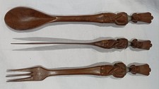 Vintage African Tribal Ethnic Hand-Carved Wooden Spoon, Fork & Knife Set
