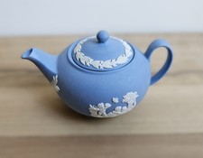 Wedgwood Blue Jasperware Miniature Teapot Cherub Relief Design, Made in England