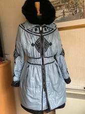 ERMANNO SCERVINO BLUE EMBROIDERED PARKA REAL FOX COLLAR UK SIZE 10 VGC