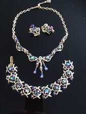 1950s Jewelcraft Aurora Borealis Silver Tone Parure Necklace/Earrings/ Bracelet