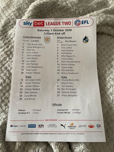 Football teamsheet 2026 crewe - football,