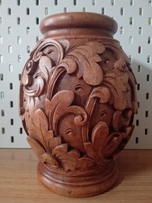 VASE Beautiful Vintage Wooden Hand-Carved Floral Design Approximate-10 inch Tall