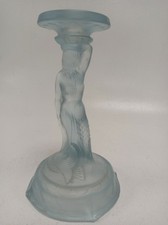 Vintage Frosted Blue Glass Mermaid Candlestick Holder Art Deco Style