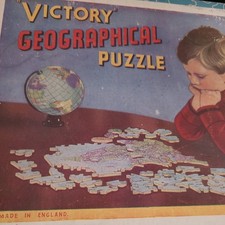 Vintage Old Antique Boxed Wood Wooden Jigsaw Puzzle Victory Geographical