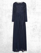 Ex Women’s Tall Long Sleeve Sequin Hand Embellished Maxi Dress in Navy Blue