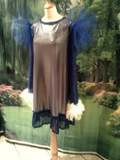 Drag Queen Silver/Blue SHORT dress, + Turban white feather 18/20