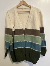 Hand Knitted One Size Wool-blend Aran Cardigan In Striped Pattern