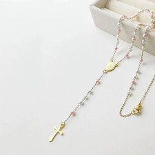 Pink, Blue and White Pearl and Gold Traditional Catholic Prayer Bead Necklace