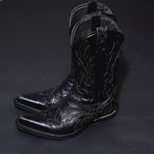 NEW ROCK Mens Leather Boots UK10 US11 EU44 Black Flame Biker Western Cowboy West
