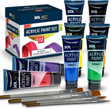 SOL 12Pk Acrylic Paint Set 8X120Ml Versatile Paints + 4 Brushes for Artists - Vi