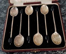 CASED ART DECO E.P.N.S. BLACK BEADED COFFEE SPOONS, NICE PATTERNED AND DETAIL.