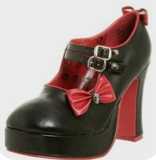 Vgt TUK Black & Red Skull & Bow Emo Goth Platform High Heeled Shoes Size 5 Rare 
