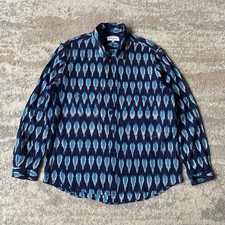YMC Mens Shirt Navy Large Doc Savage Ikat Patterned Print Double Pocket Utility
