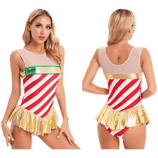 Woman Christmas Dance Costume Striped Candy Cane Figure Skating Leotard Dress