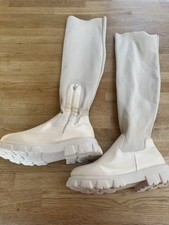 Women’s Cream Colour Boots Size 8 With Zip And Long Sock Style Leg