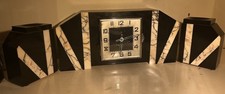 Solid Marble Heavy Authentic Art Deco Mantel Clock Black 3 Piece GWO Key