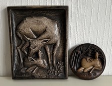 2 x Vintage Richard Fisher Deer Themed Wall Plaques - Cast from Wooden Carvings