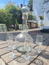 Vintage Hand Blown Glass Decanter and 4 Port / Madiera Glasses