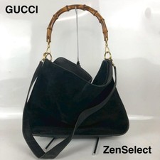 GUCCI Vintage Bamboo Shoulder Hand Bag 2way  Black Suede Leather Used From Japan