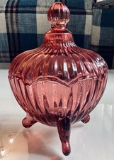 Pretty Vintage Cranberry Lidded Glass Candy Dish Pressed Glass Pink