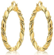 WOMEN CREOLE HOOP EARRINGS 18CT YELLOW GOLD FILLED TWIST 50MM LARGE PIERCING