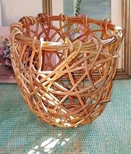 Vintage Rustic Bamboo Cane Woven Basket Planter Holder / Rustic Boho Waste Bin