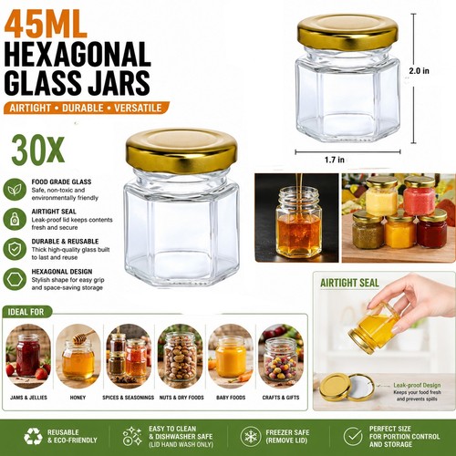 30pcs 45ml hexagon glass jars - 45ml,