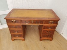 4x2ft BROWN LEATHER TOP VINTAGE YEW CAPTAINS DESK in 3 parts WITH KEY