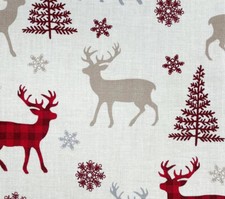 Christmas Fabric Cream Red Tartan Reindeer Stags Craft Fabric Material Metre