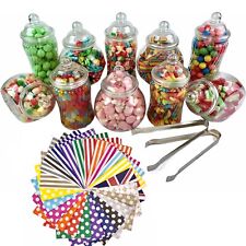 10 Retro Plastic Sweet Jars, 2 Tongs & 50 Bags DIY Candy Buffet Wedding Party