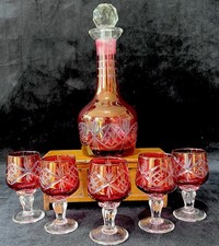 Cranberry Ruby Cut Glass Small Decanter & 5 Small Stemmed Glasses - Set of 6 -