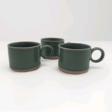 M&S Fired Earth Coffee Mug x3 Green Stoneware Tea Cup 300ml Large Handle