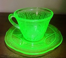 Vintage Tea Cup And  Saucer Art Deco Uranium Green Glass Patterned  Bowl.