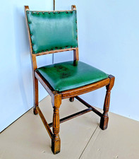 Vintage Soild Wood Dining Chair Oak Turned Legs Green Leather Seat and Back