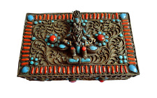Nepal Vishnu Garuda Box Brass Turquoise Coral Glass Filigree Gilded