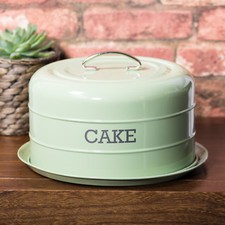 Retro Green Cake Plate with Lid Storage Dome Tin Container Serving Cover Vintage
