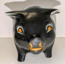 VINTAGE RETRO 1960s MCM ARTHUR WOOD BLACK CERAMIC PIGGY BANK HAND PAINTED FACE 
